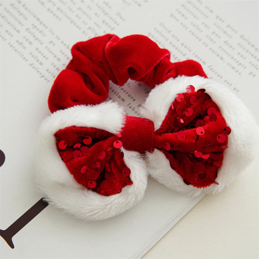 Christmas Style Red Hair Rope Sequin Bowknot Large Intestine Hair Ring Simple Hair Accessories Soft Plush Ponytail Holder