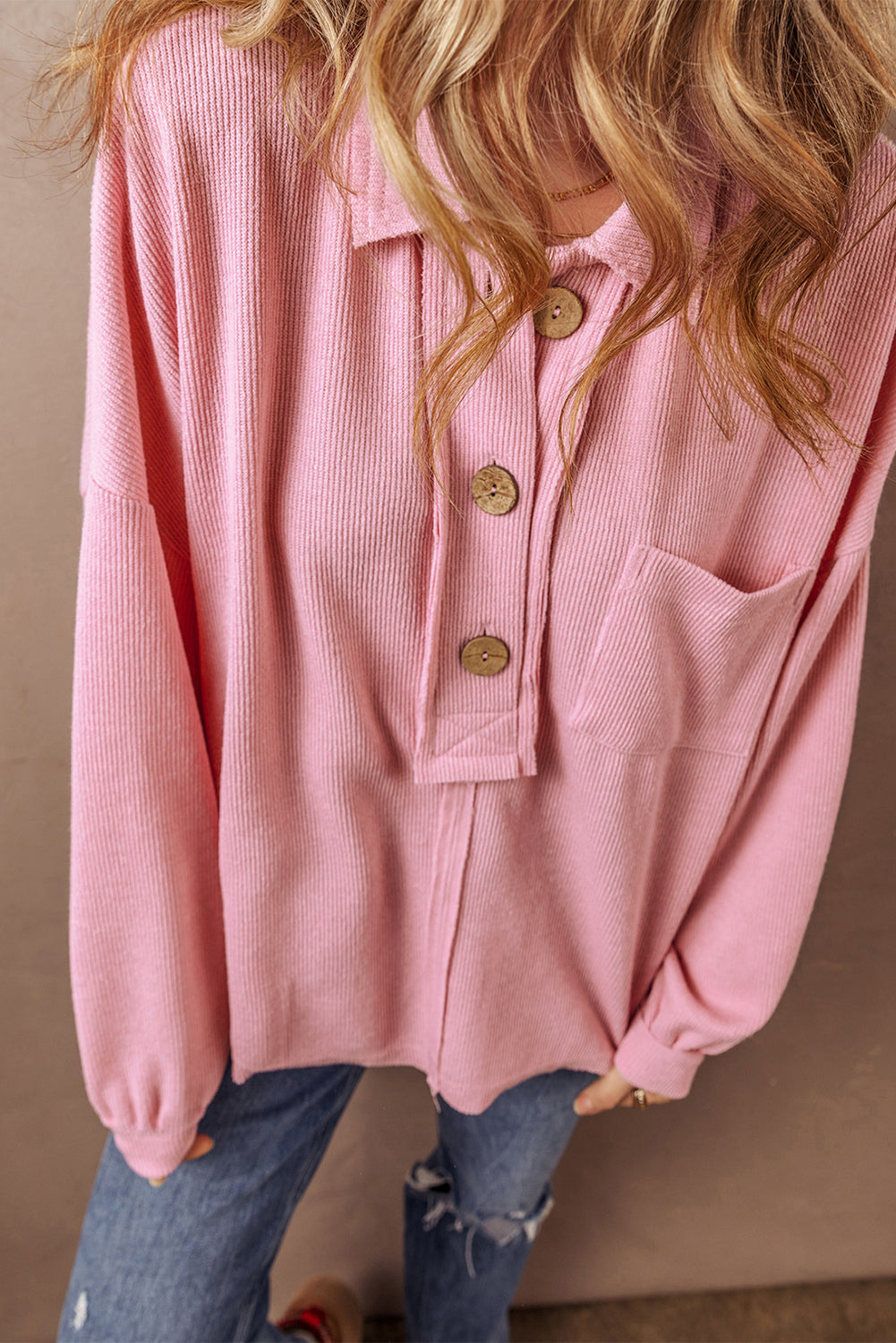 Pink Chest Pocket Ribbed Collared Henley Top