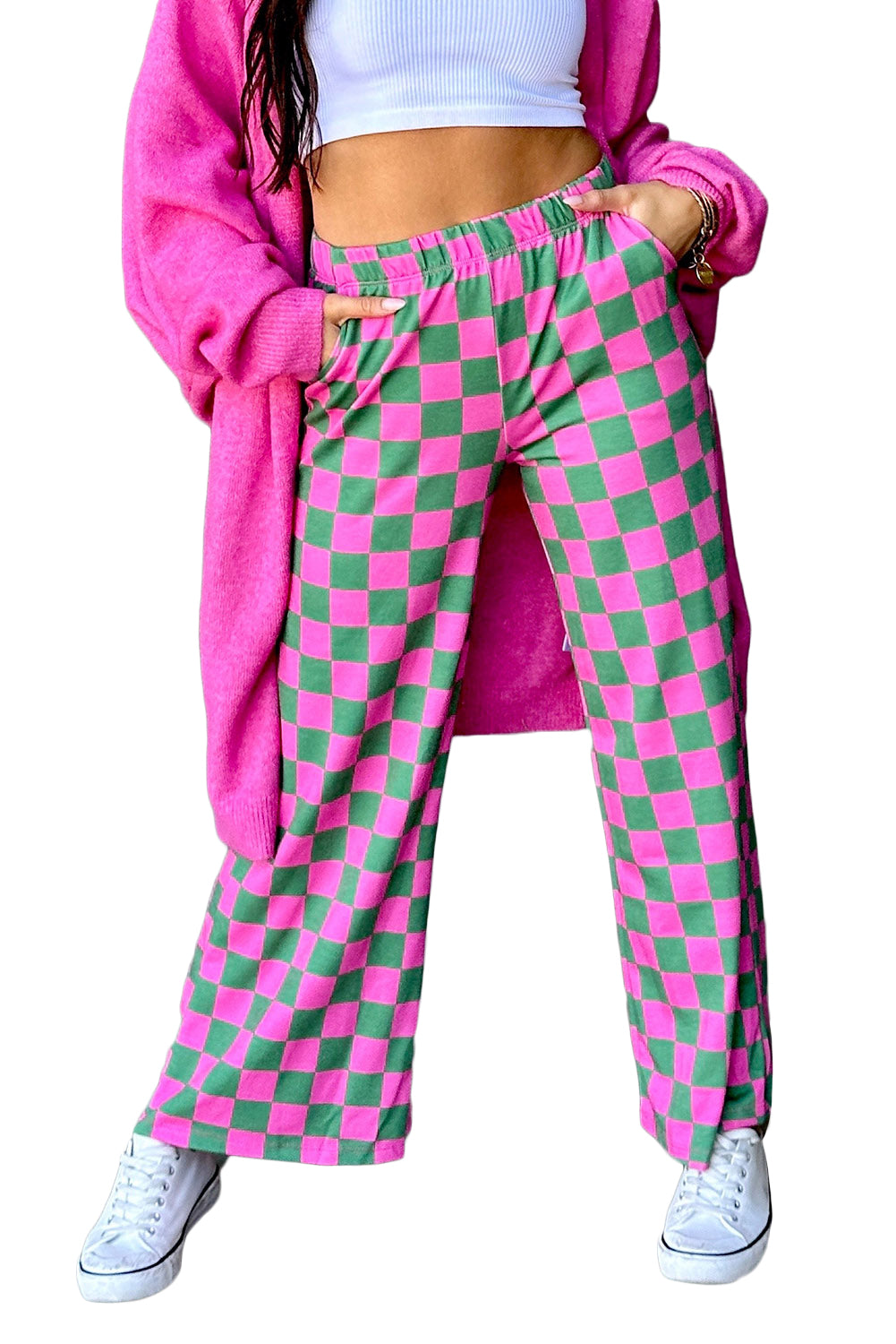 Bonbon Checkered Print High Waist Wide Leg Pants