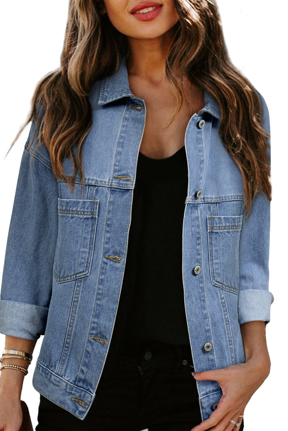 Sky Blue Stripe Washed Oversized Pocketed Denim Jacket