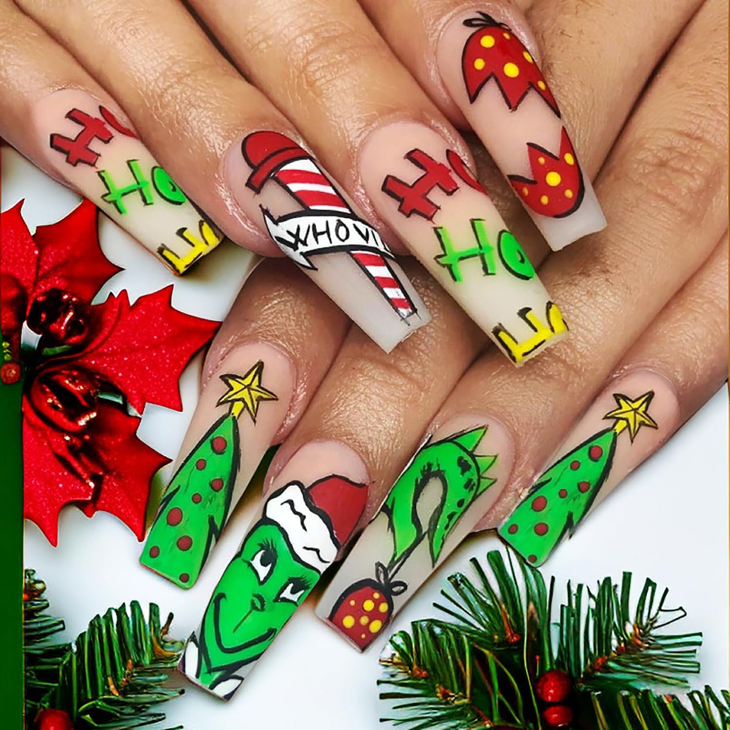 Christmas Fake Nails Short Square Petite Press on Nails Winter Xmas Acrylic Nails Full Cover False Nails with Green Monster Designs Cute Red Stick on Nails Gloss Artificial Nails for Women Manicure