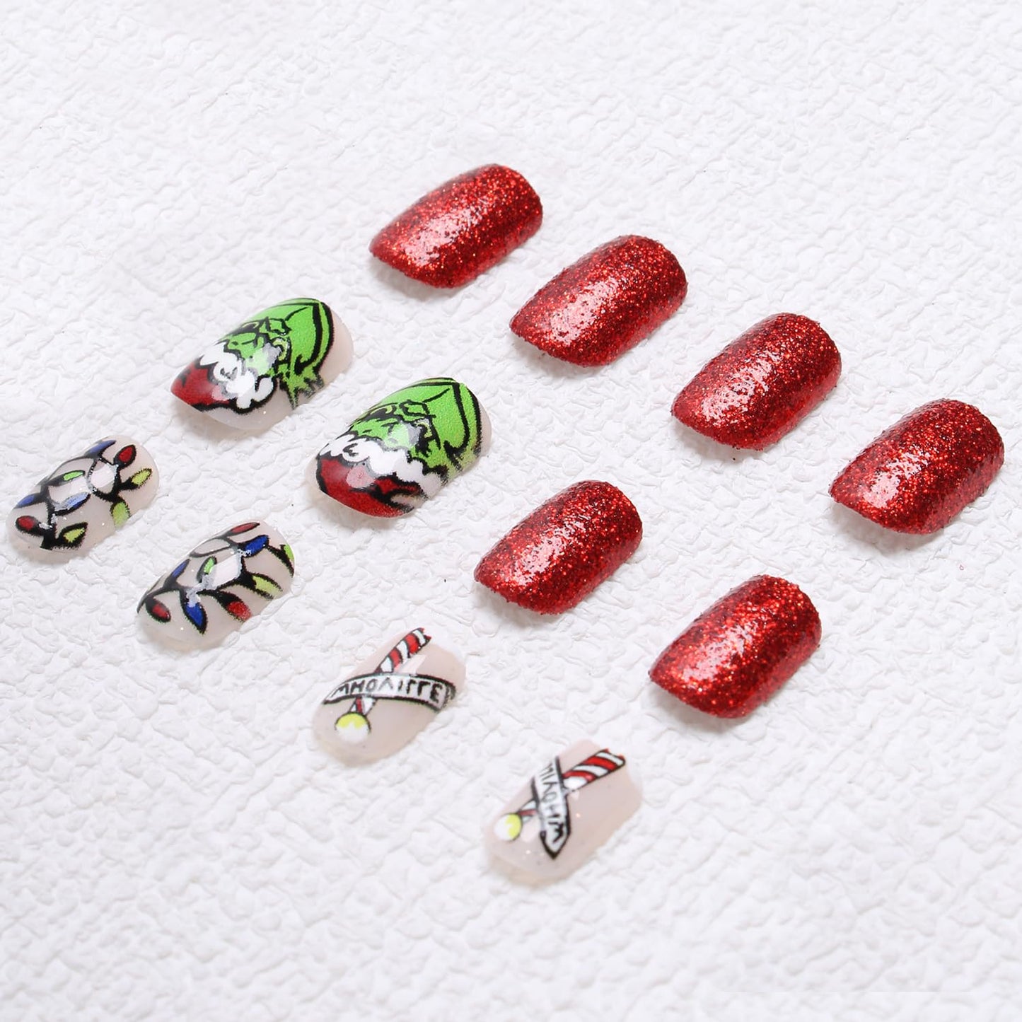 Christmas Fake Nails Short Square Petite Press on Nails Winter Xmas Acrylic Nails Full Cover False Nails with Green Monster Designs Cute Red Stick on Nails Gloss Artificial Nails for Women Manicure