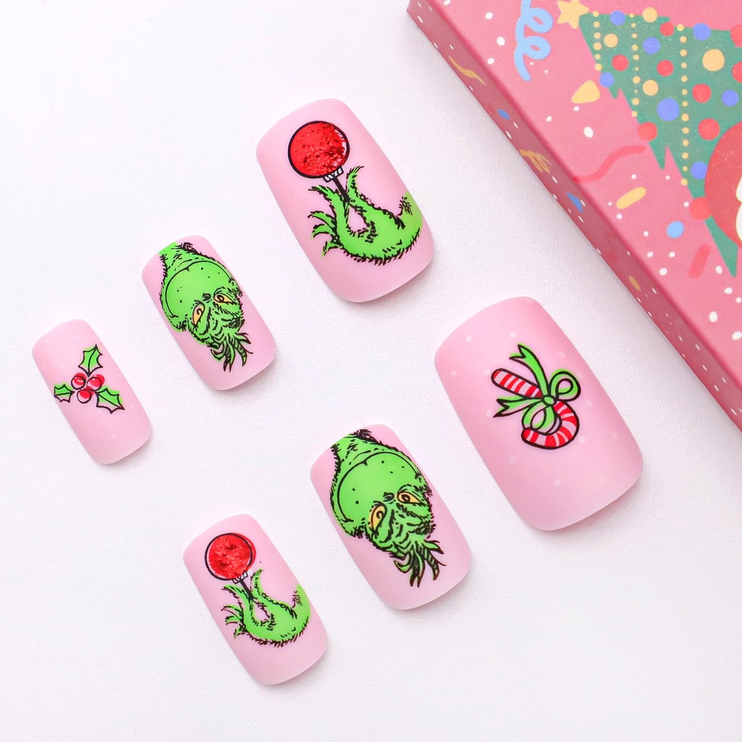 Christmas Fake Nails Short Square Petite Press on Nails Winter Xmas Acrylic Nails Full Cover False Nails with Green Monster Designs Cute Red Stick on Nails Gloss Artificial Nails for Women Manicure