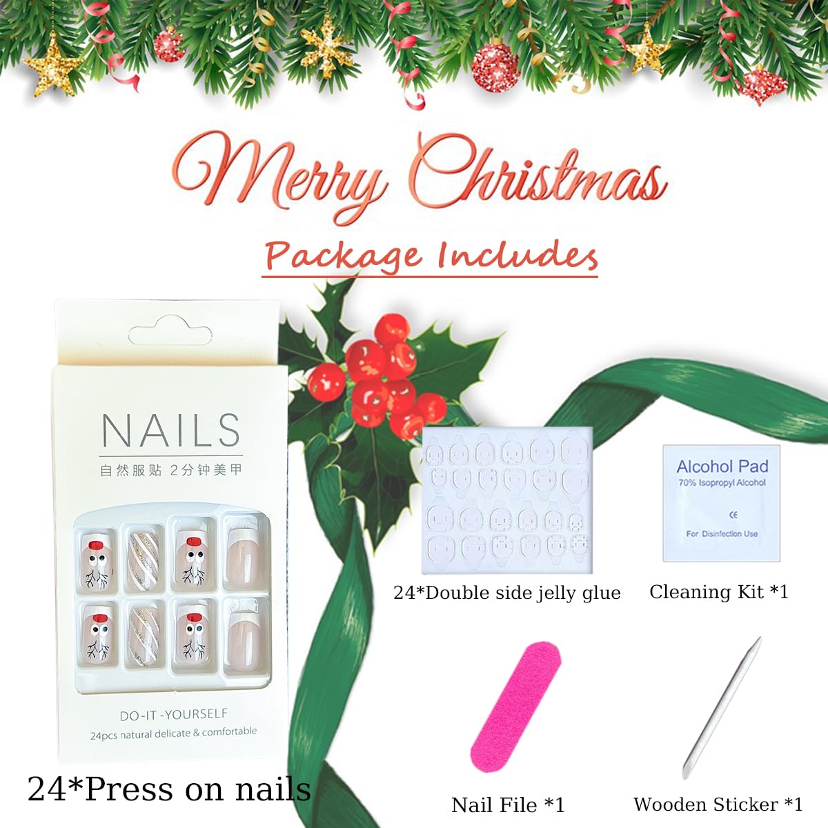 TULOBI Christmas Press on Nails Medium Coffin Fake Nails with Christmas Tree Designs Glitter Glue on Nails Xmas Design Green and Red Stripes Full Cover False Nails Artificial Acrylic Nails 24pcs