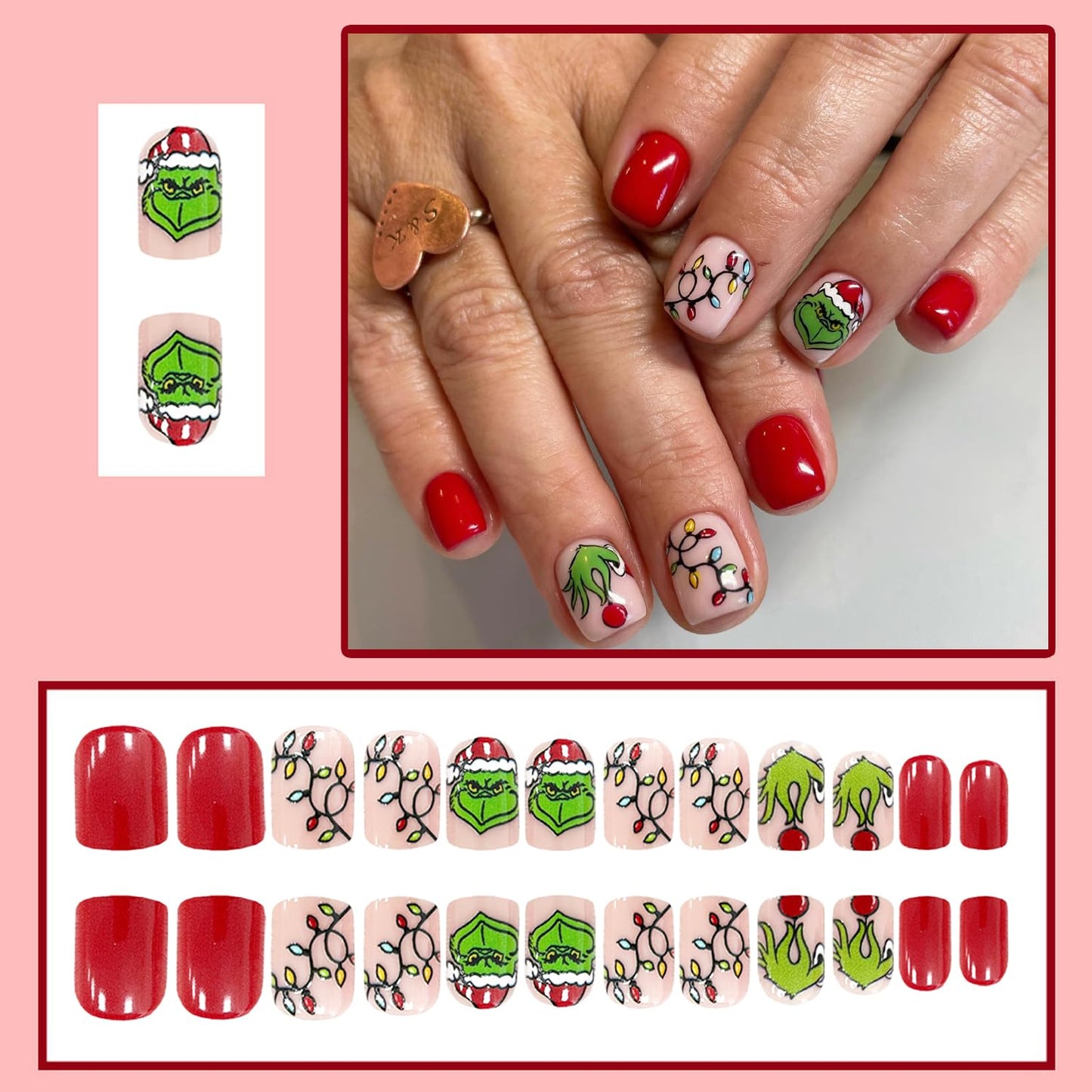 Christmas Fake Nails Short Square Petite Press on Nails Winter Xmas Acrylic Nails Full Cover False Nails with Green Monster Designs Cute Red Stick on Nails Gloss Artificial Nails for Women Manicure