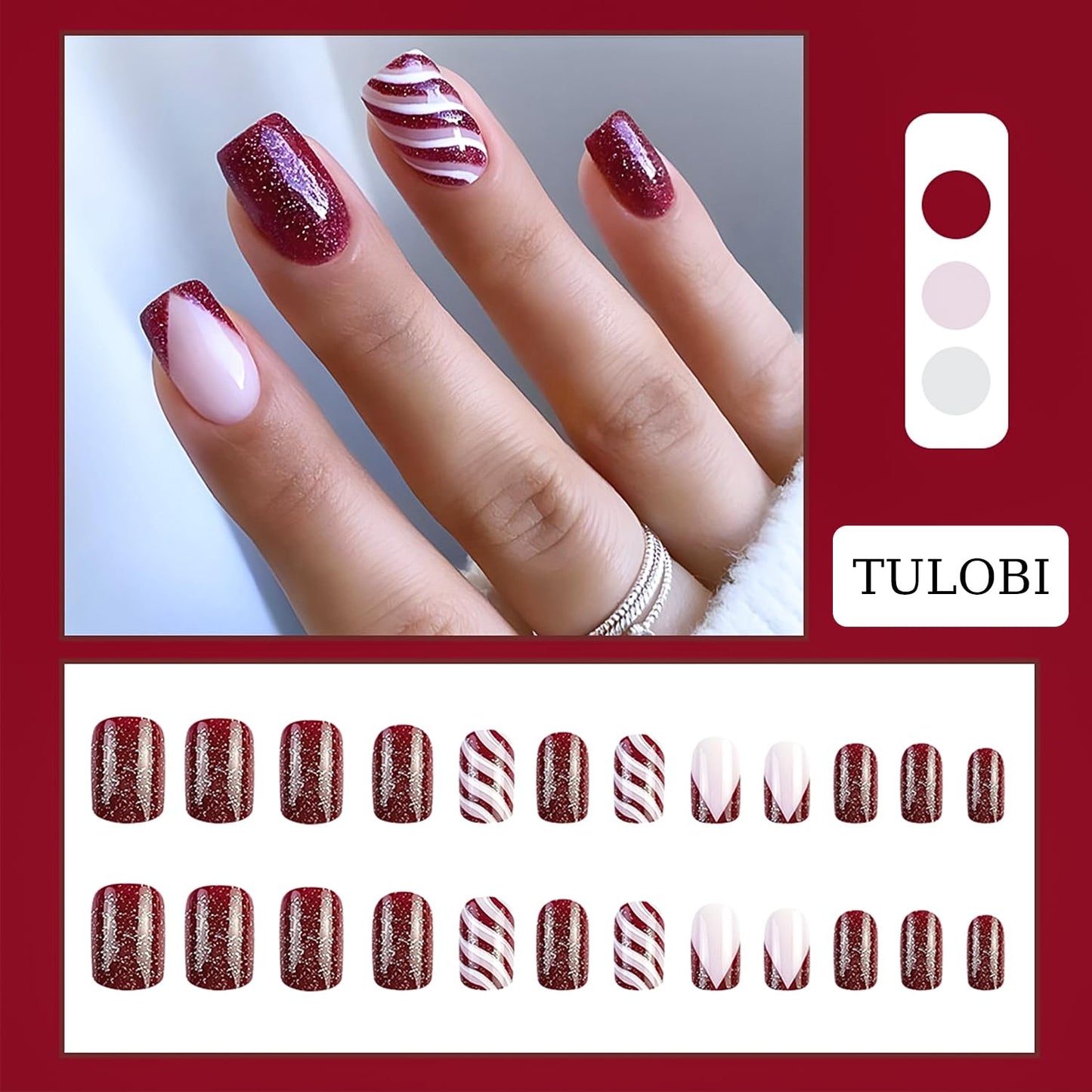 TULOBI Christmas Press on Nails Medium Coffin Fake Nails with Christmas Tree Designs Glitter Glue on Nails Xmas Design Green and Red Stripes Full Cover False Nails Artificial Acrylic Nails 24pcs