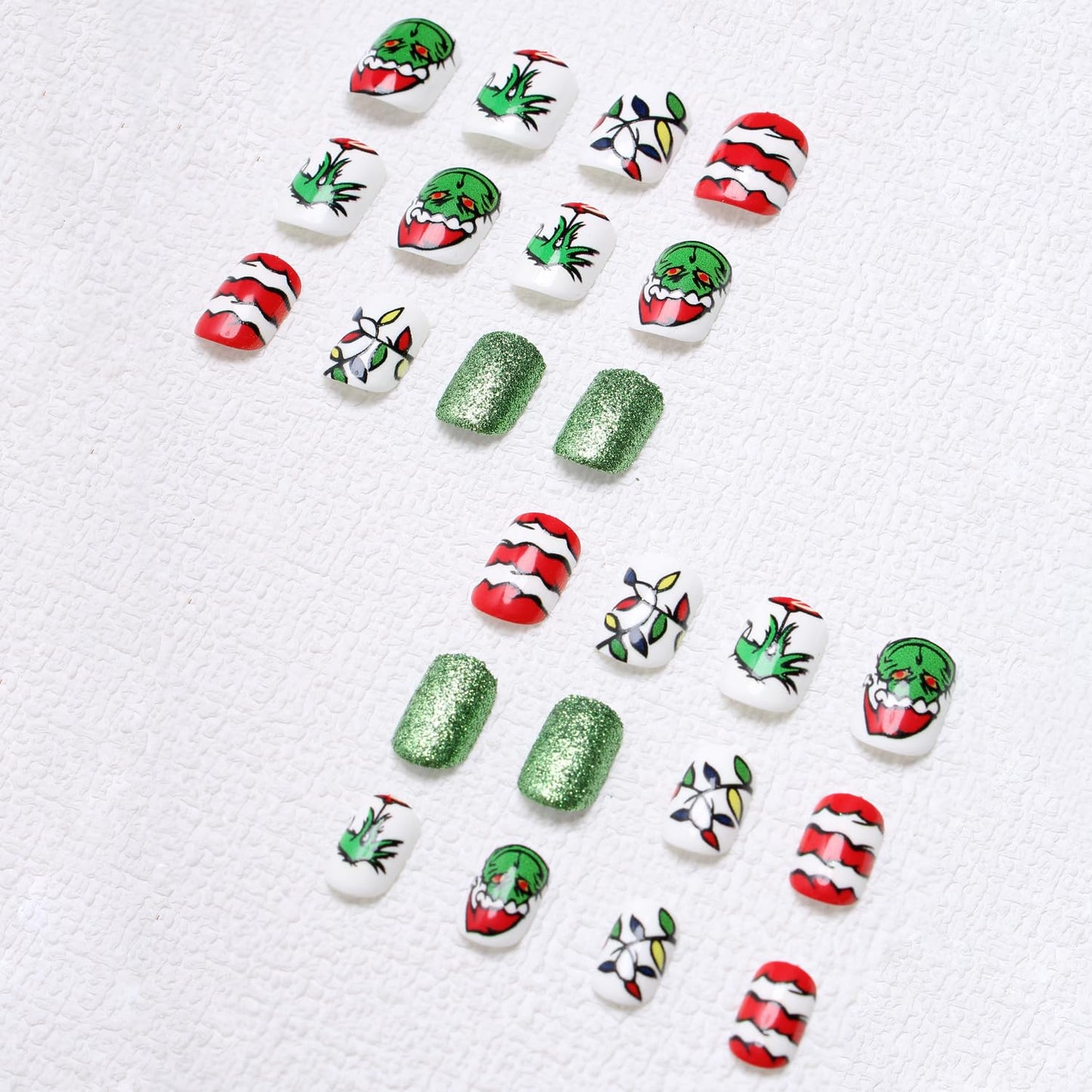 Christmas Fake Nails Short Square Petite Press on Nails Winter Xmas Acrylic Nails Full Cover False Nails with Green Monster Designs Cute Red Stick on Nails Gloss Artificial Nails for Women Manicure