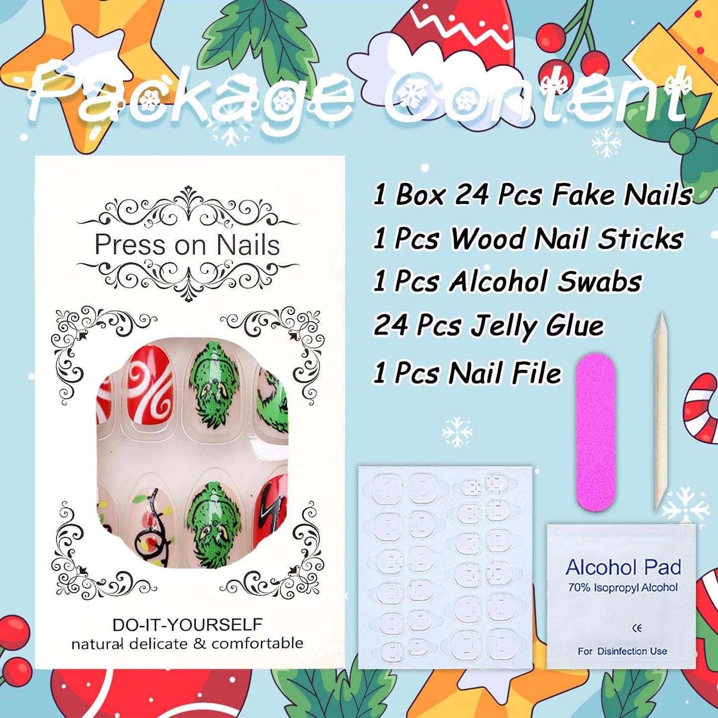 Christmas Fake Nails Short Square Petite Press on Nails Winter Xmas Acrylic Nails Full Cover False Nails with Green Monster Designs Cute Red Stick on Nails Gloss Artificial Nails for Women Manicure