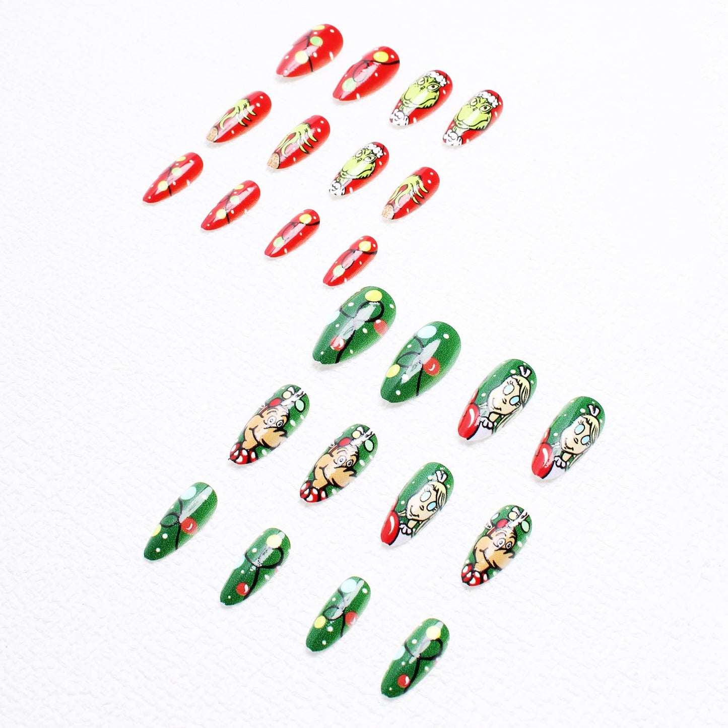 Christmas Fake Nails Short Square Petite Press on Nails Winter Xmas Acrylic Nails Full Cover False Nails with Green Monster Designs Cute Red Stick on Nails Gloss Artificial Nails for Women Manicure