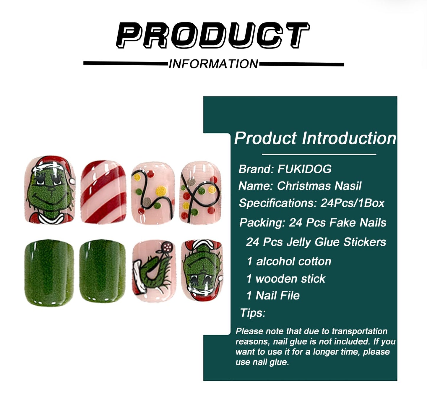 Christmas Fake Nails Short Square Petite Press on Nails Winter Xmas Acrylic Nails Full Cover False Nails with Green Monster Designs Cute Red Stick on Nails Gloss Artificial Nails for Women Manicure