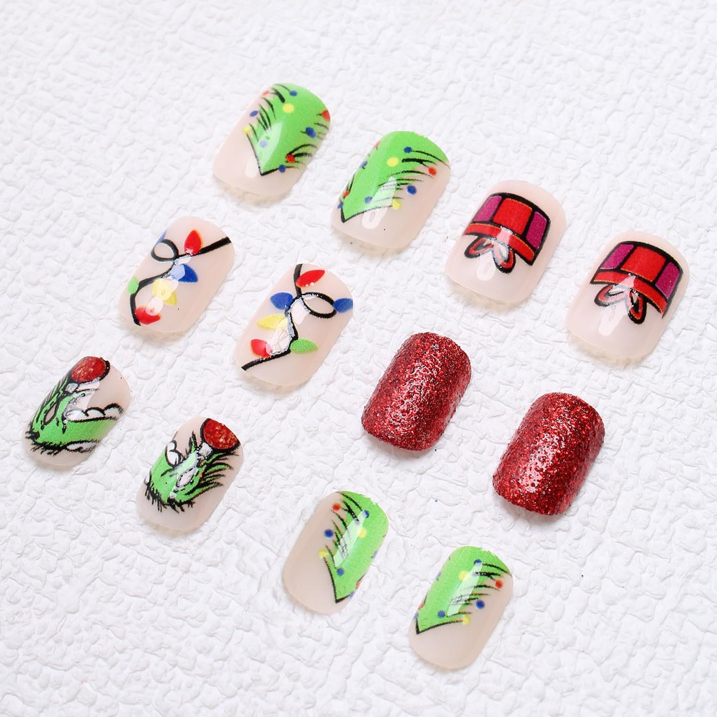 Christmas Fake Nails Short Square Petite Press on Nails Winter Xmas Acrylic Nails Full Cover False Nails with Green Monster Designs Cute Red Stick on Nails Gloss Artificial Nails for Women Manicure