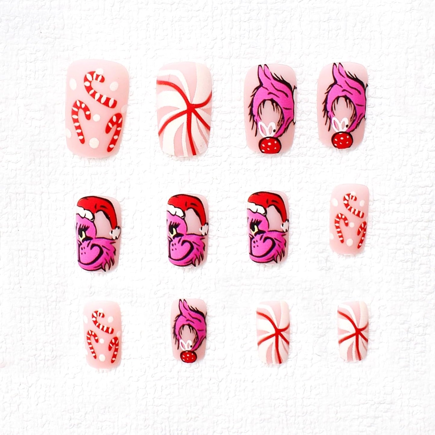 Christmas Fake Nails Short Square Petite Press on Nails Winter Xmas Acrylic Nails Full Cover False Nails with Green Monster Designs Cute Red Stick on Nails Gloss Artificial Nails for Women Manicure