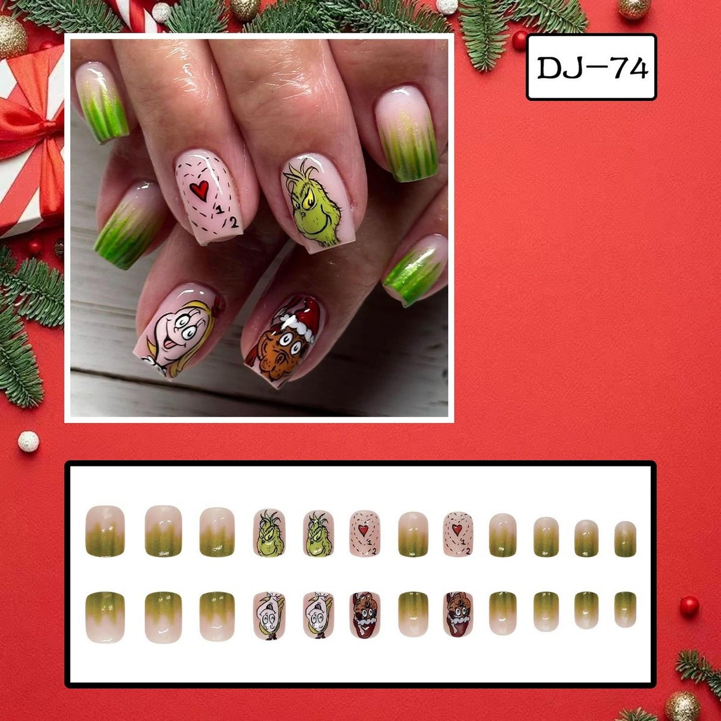 Christmas Fake Nails Short Square Petite Press on Nails Winter Xmas Acrylic Nails Full Cover False Nails with Green Monster Designs Cute Red Stick on Nails Gloss Artificial Nails for Women Manicure