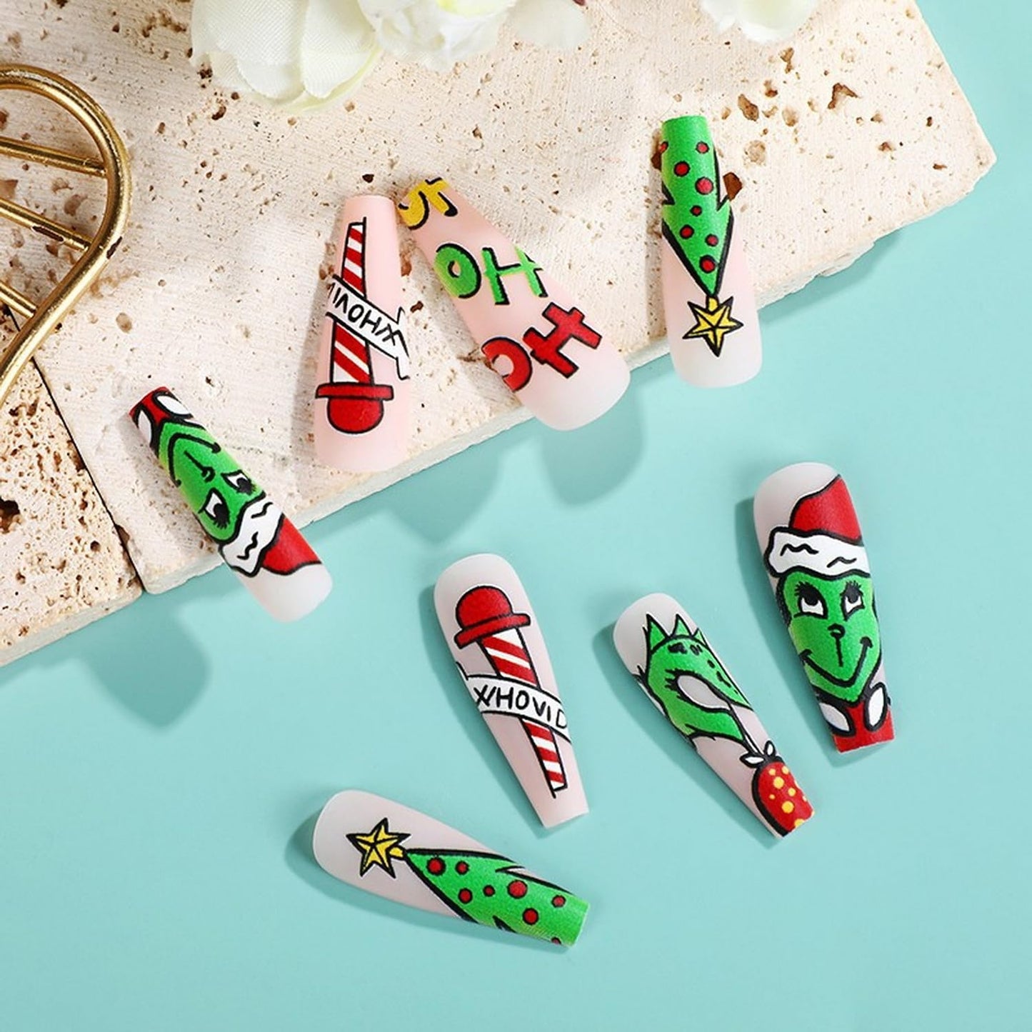 Christmas Fake Nails Short Square Petite Press on Nails Winter Xmas Acrylic Nails Full Cover False Nails with Green Monster Designs Cute Red Stick on Nails Gloss Artificial Nails for Women Manicure