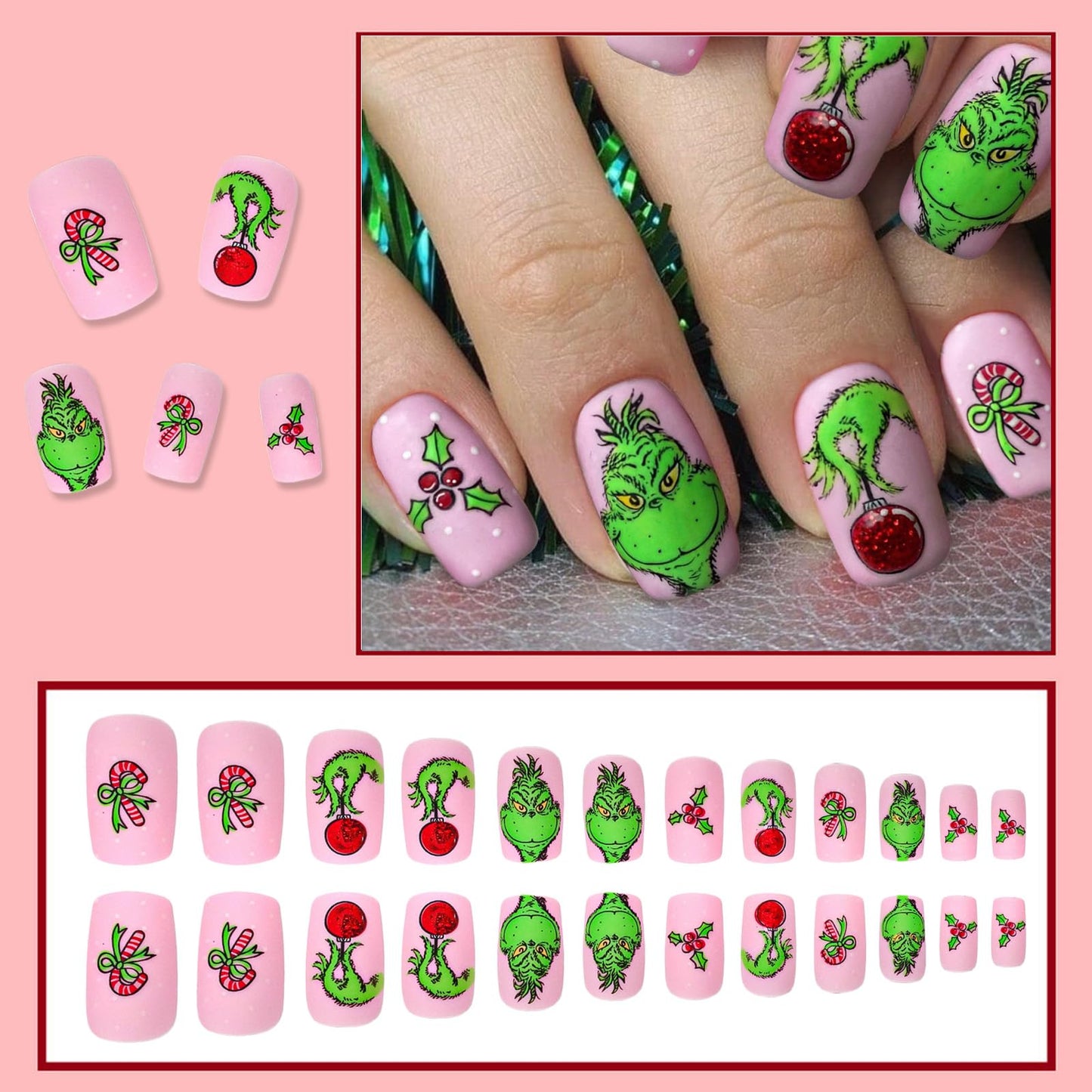 Christmas Fake Nails Short Square Petite Press on Nails Winter Xmas Acrylic Nails Full Cover False Nails with Green Monster Designs Cute Red Stick on Nails Gloss Artificial Nails for Women Manicure