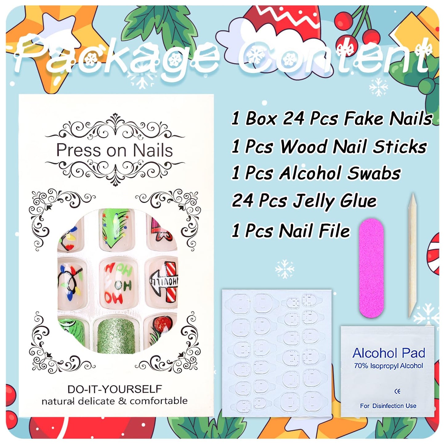 Christmas Fake Nails Short Square Petite Press on Nails Winter Xmas Acrylic Nails Full Cover False Nails with Green Monster Designs Cute Red Stick on Nails Gloss Artificial Nails for Women Manicure