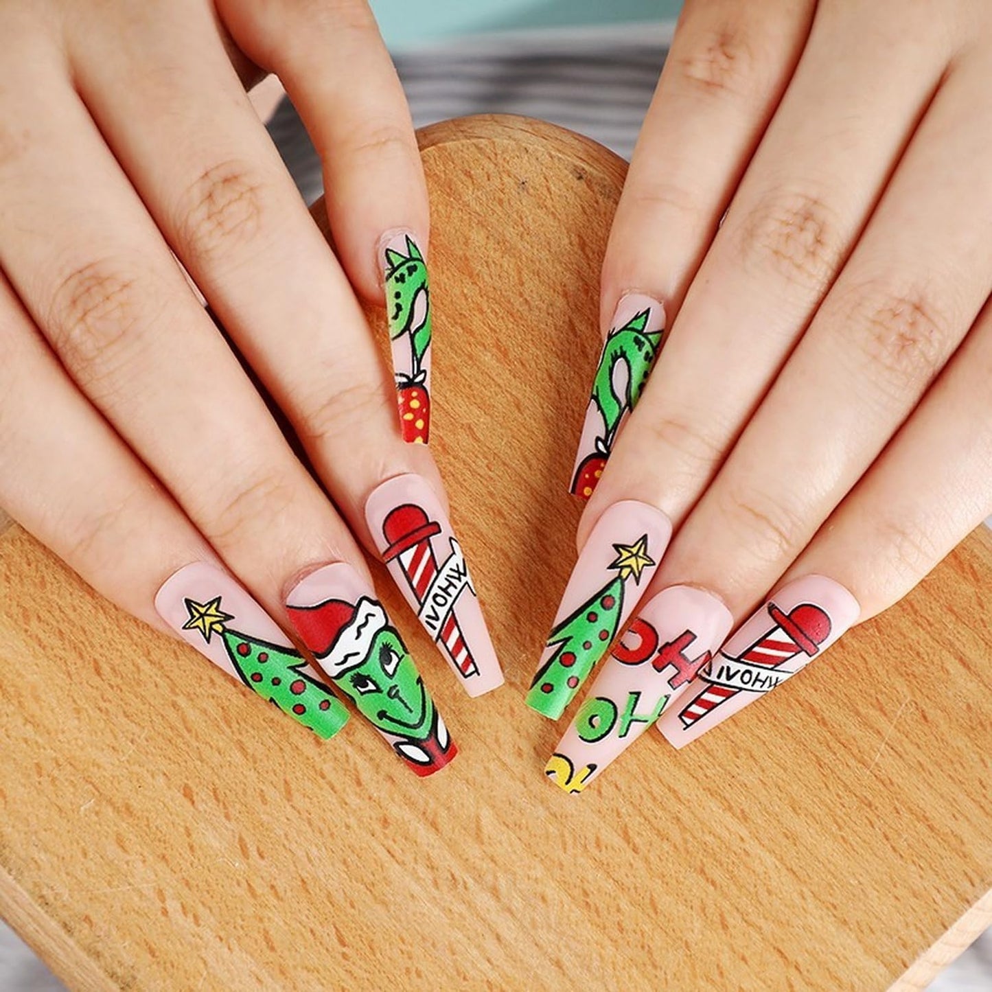 Christmas Fake Nails Short Square Petite Press on Nails Winter Xmas Acrylic Nails Full Cover False Nails with Green Monster Designs Cute Red Stick on Nails Gloss Artificial Nails for Women Manicure