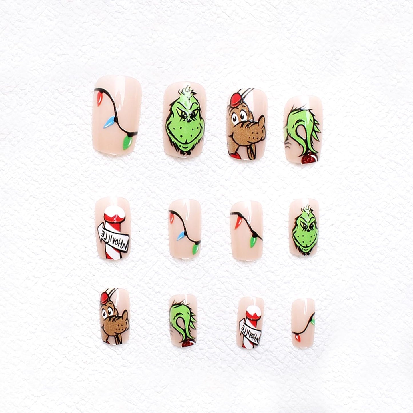 Christmas Fake Nails Short Square Petite Press on Nails Winter Xmas Acrylic Nails Full Cover False Nails with Green Monster Designs Cute Red Stick on Nails Gloss Artificial Nails for Women Manicure