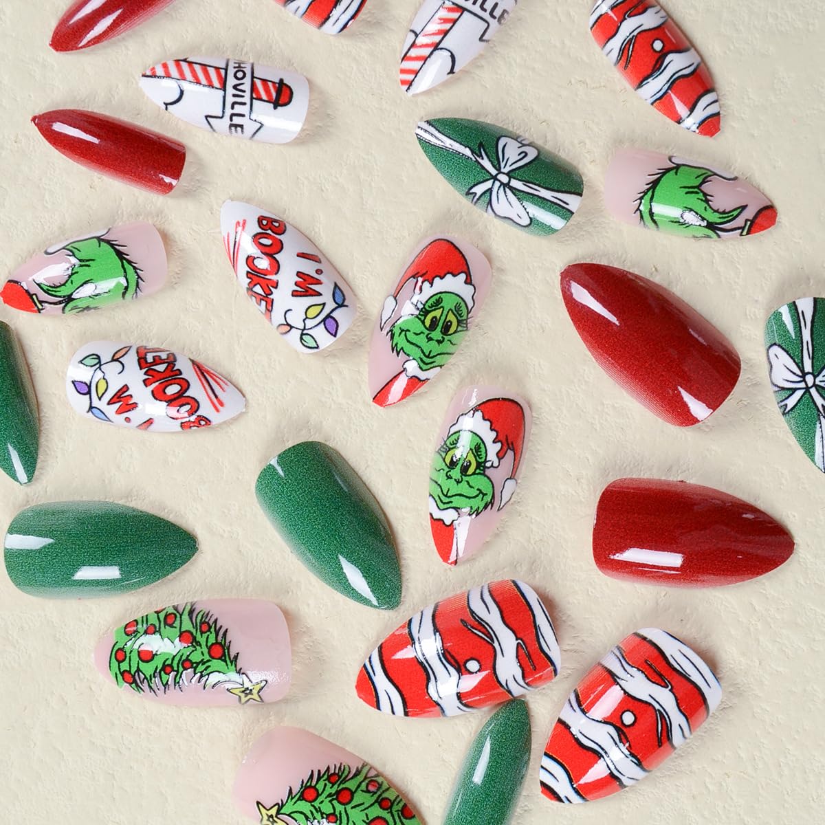 Christmas Fake Nails Short Square Petite Press on Nails Winter Xmas Acrylic Nails Full Cover False Nails with Green Monster Designs Cute Red Stick on Nails Gloss Artificial Nails for Women Manicure