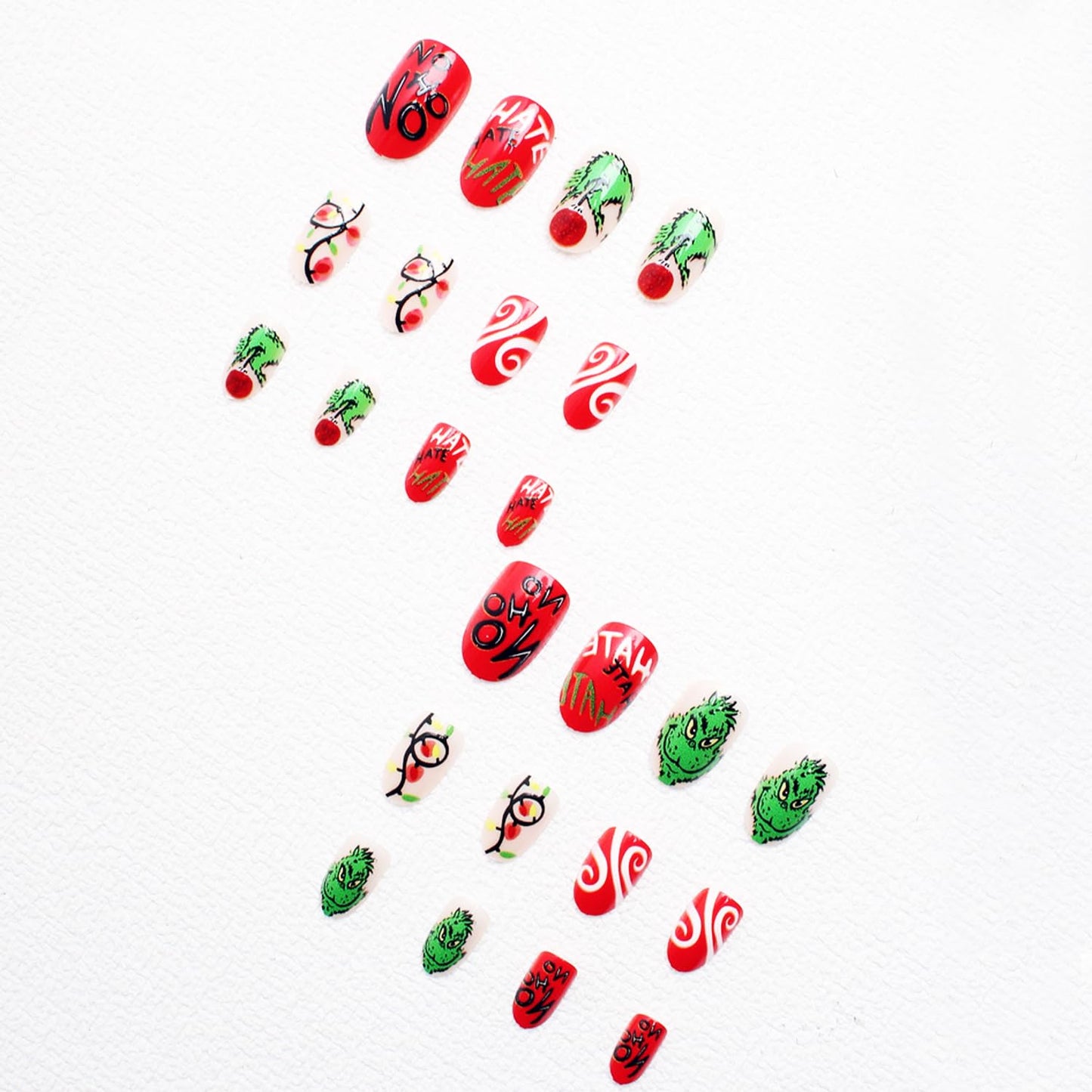 Christmas Fake Nails Short Square Petite Press on Nails Winter Xmas Acrylic Nails Full Cover False Nails with Green Monster Designs Cute Red Stick on Nails Gloss Artificial Nails for Women Manicure