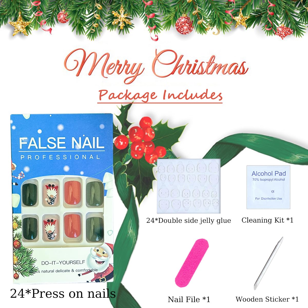 TULOBI Christmas Press on Nails Medium Coffin Fake Nails with Christmas Tree Designs Glitter Glue on Nails Xmas Design Green and Red Stripes Full Cover False Nails Artificial Acrylic Nails 24pcs