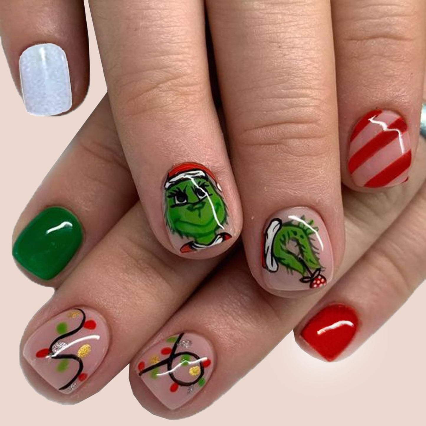 Christmas Fake Nails Short Square Petite Press on Nails Winter Xmas Acrylic Nails Full Cover False Nails with Green Monster Designs Cute Red Stick on Nails Gloss Artificial Nails for Women Manicure