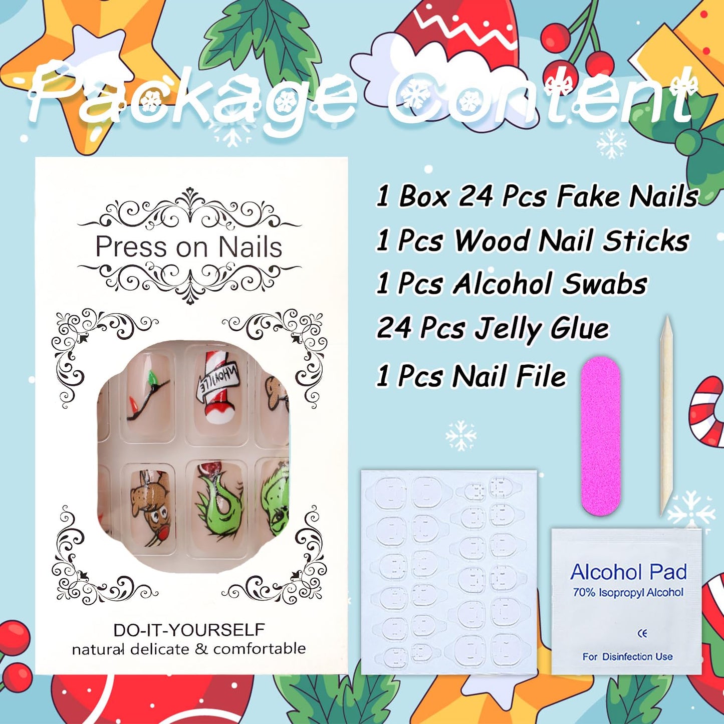 Christmas Fake Nails Short Square Petite Press on Nails Winter Xmas Acrylic Nails Full Cover False Nails with Green Monster Designs Cute Red Stick on Nails Gloss Artificial Nails for Women Manicure