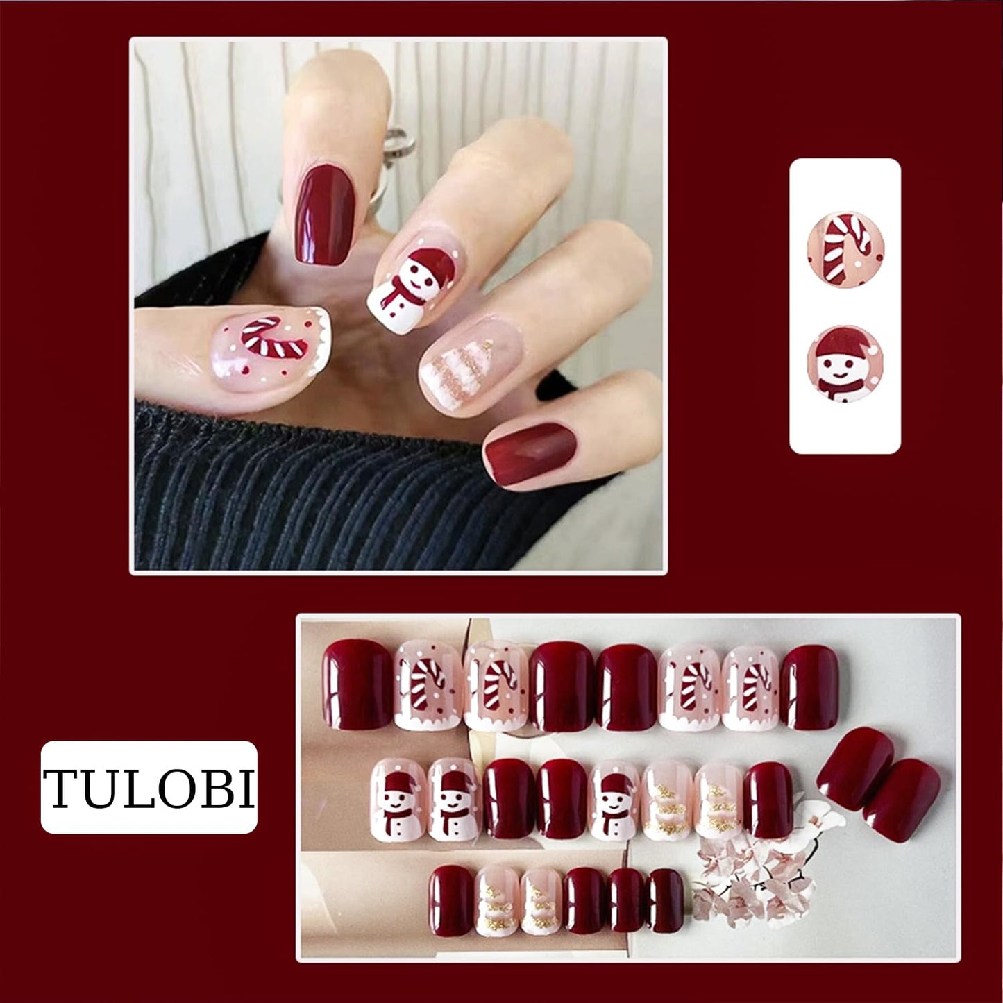 TULOBI Christmas Press on Nails Medium Coffin Fake Nails with Christmas Tree Designs Glitter Glue on Nails Xmas Design Green and Red Stripes Full Cover False Nails Artificial Acrylic Nails 24pcs