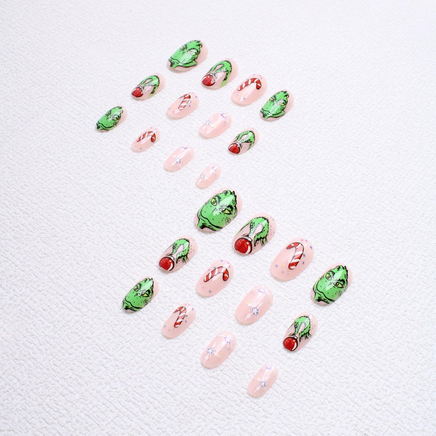 Christmas Fake Nails Short Square Petite Press on Nails Winter Xmas Acrylic Nails Full Cover False Nails with Green Monster Designs Cute Red Stick on Nails Gloss Artificial Nails for Women Manicure