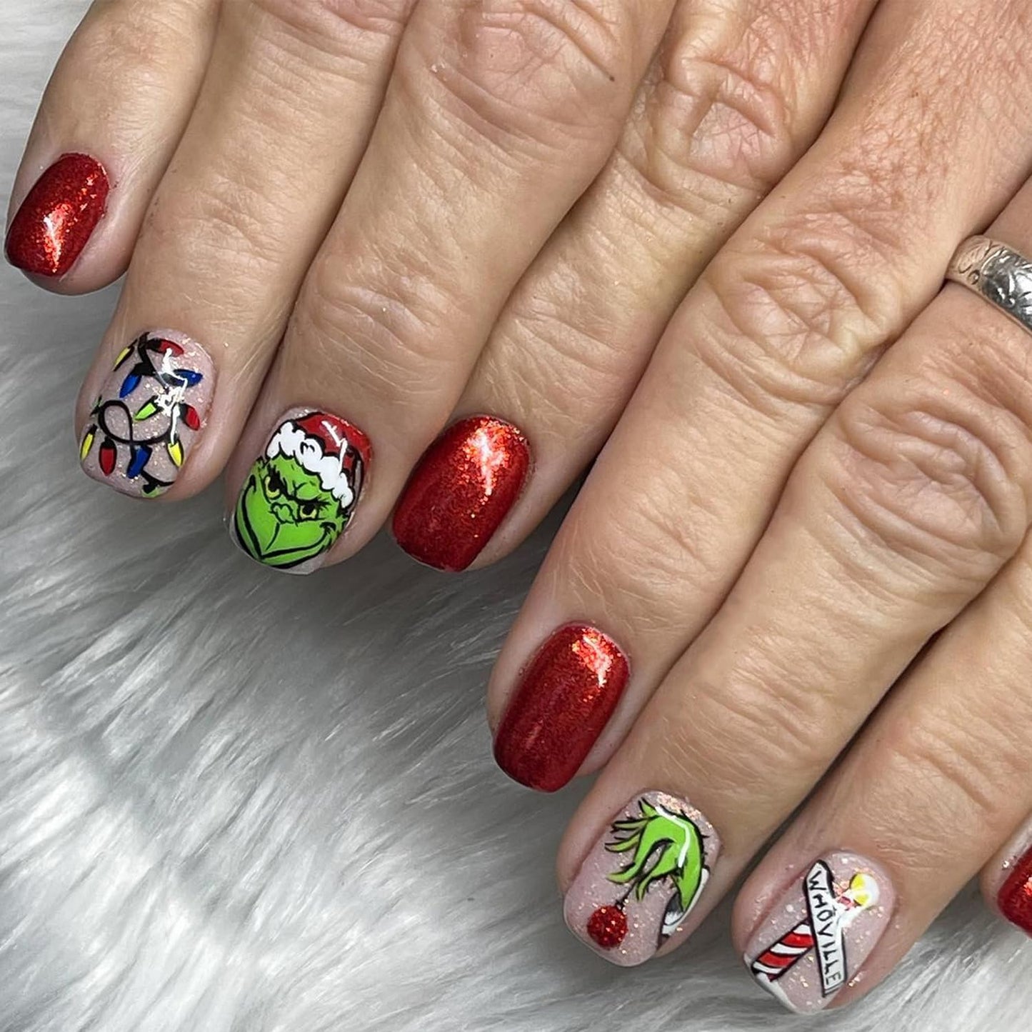 Christmas Fake Nails Short Square Petite Press on Nails Winter Xmas Acrylic Nails Full Cover False Nails with Green Monster Designs Cute Red Stick on Nails Gloss Artificial Nails for Women Manicure