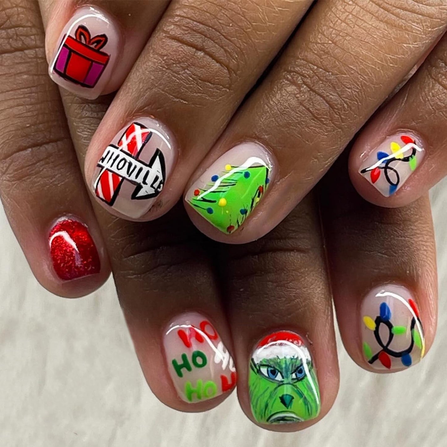 Christmas Fake Nails Short Square Petite Press on Nails Winter Xmas Acrylic Nails Full Cover False Nails with Green Monster Designs Cute Red Stick on Nails Gloss Artificial Nails for Women Manicure