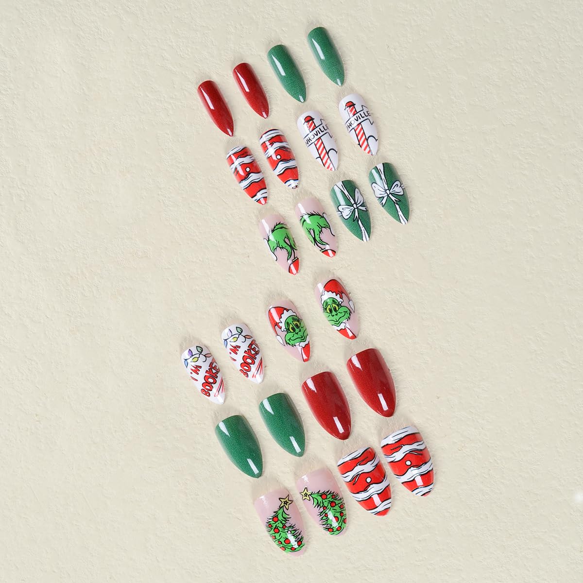 Christmas Fake Nails Short Square Petite Press on Nails Winter Xmas Acrylic Nails Full Cover False Nails with Green Monster Designs Cute Red Stick on Nails Gloss Artificial Nails for Women Manicure