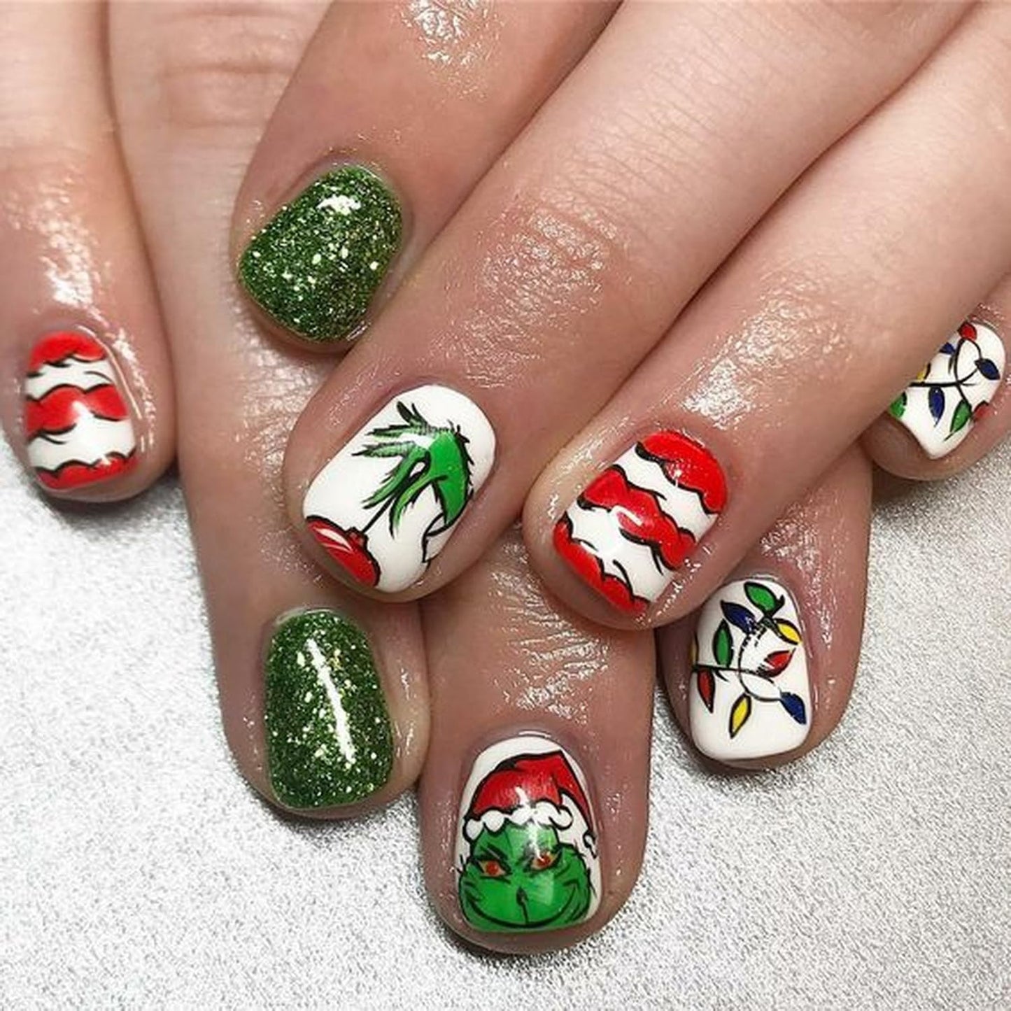 Christmas Fake Nails Short Square Petite Press on Nails Winter Xmas Acrylic Nails Full Cover False Nails with Green Monster Designs Cute Red Stick on Nails Gloss Artificial Nails for Women Manicure