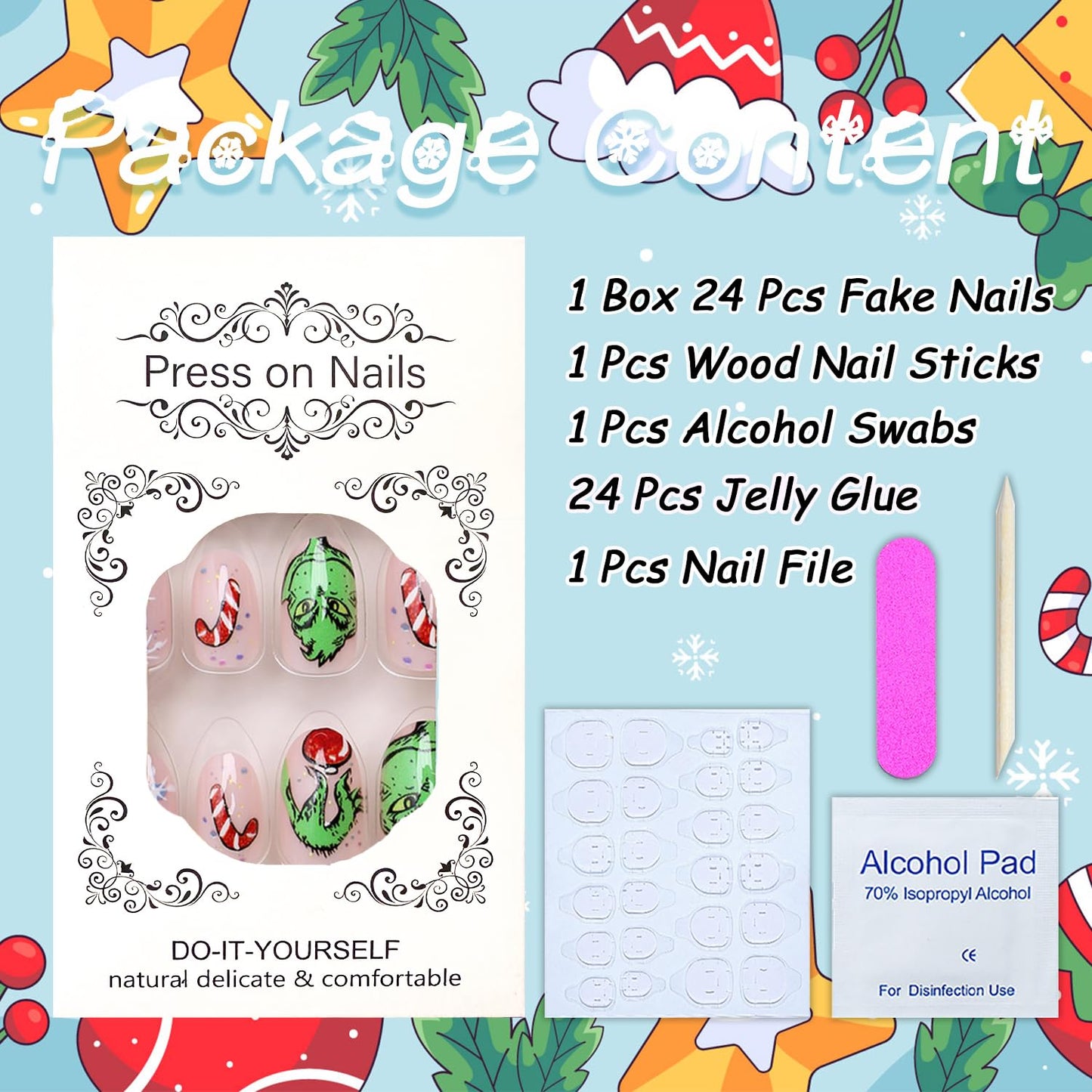 Christmas Fake Nails Short Square Petite Press on Nails Winter Xmas Acrylic Nails Full Cover False Nails with Green Monster Designs Cute Red Stick on Nails Gloss Artificial Nails for Women Manicure