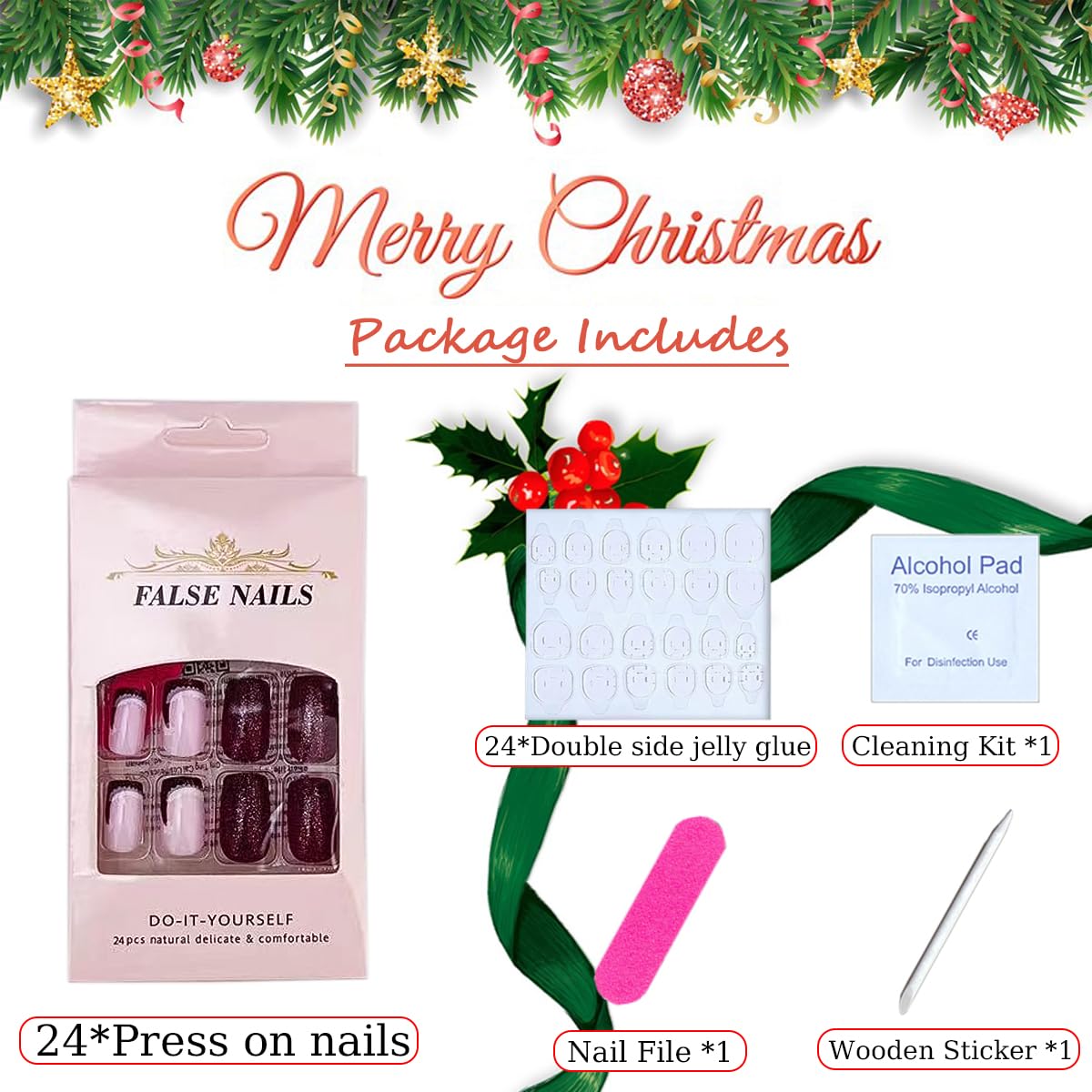 TULOBI Christmas Press on Nails Medium Coffin Fake Nails with Christmas Tree Designs Glitter Glue on Nails Xmas Design Green and Red Stripes Full Cover False Nails Artificial Acrylic Nails 24pcs