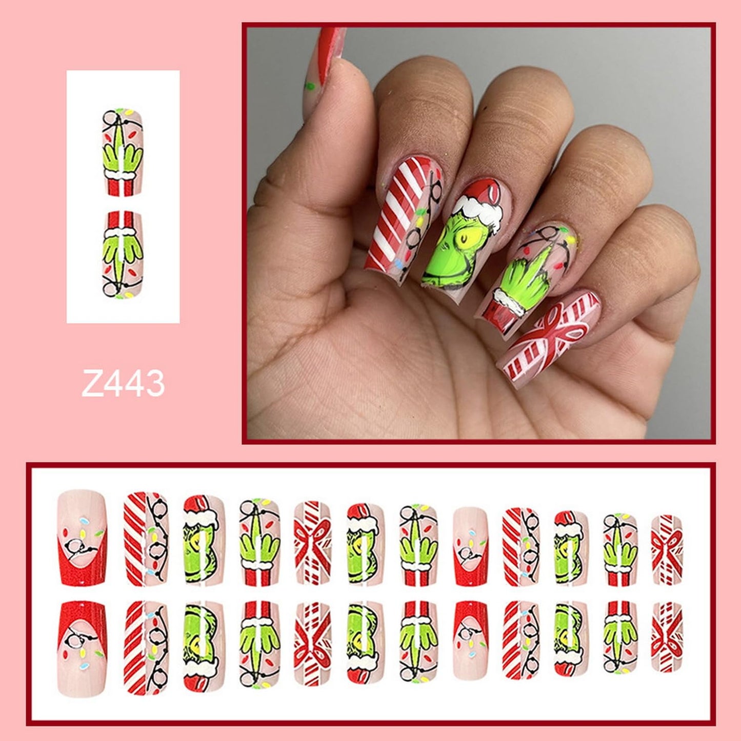 Christmas Fake Nails Short Square Petite Press on Nails Winter Xmas Acrylic Nails Full Cover False Nails with Green Monster Designs Cute Red Stick on Nails Gloss Artificial Nails for Women Manicure