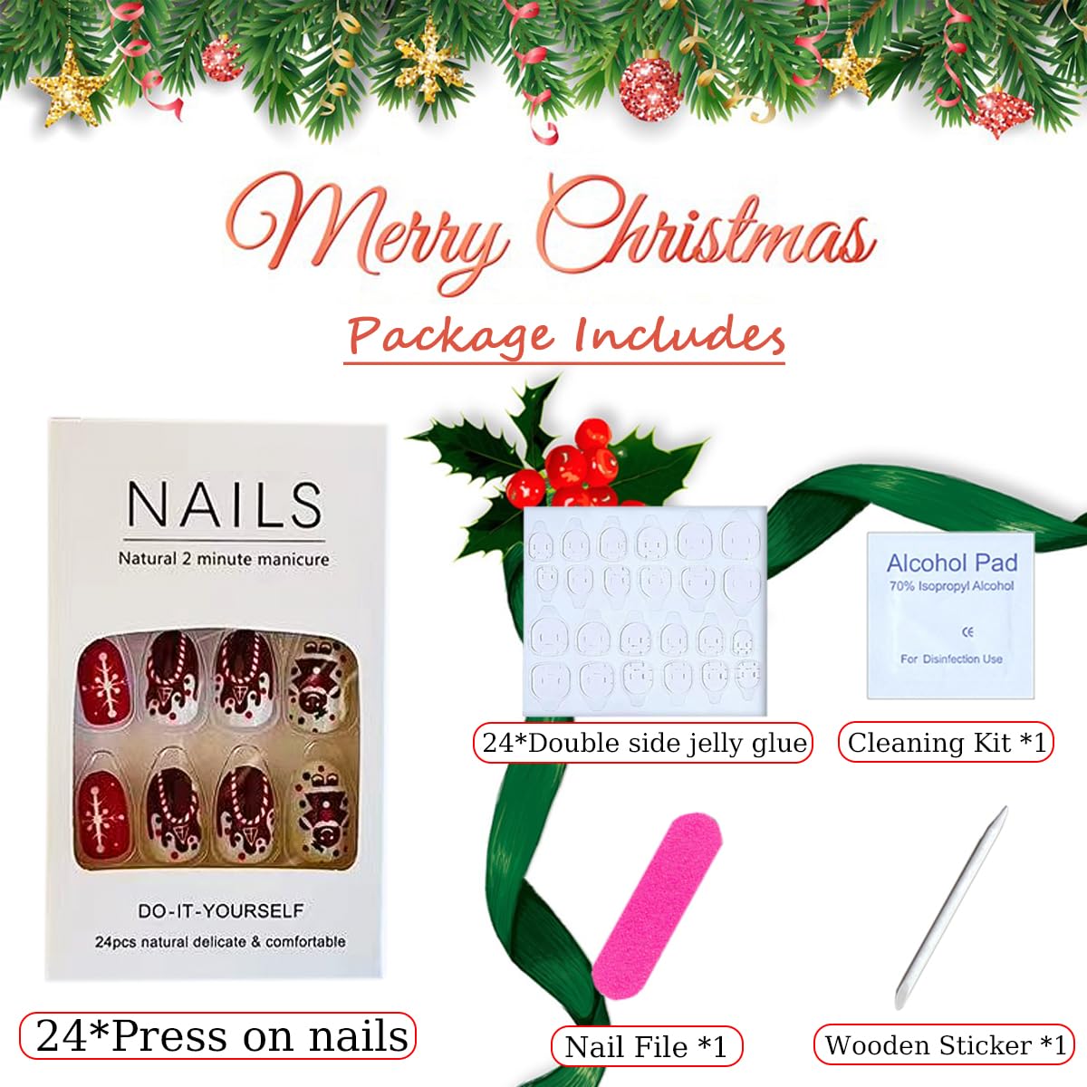 TULOBI Christmas Press on Nails Medium Coffin Fake Nails with Christmas Tree Designs Glitter Glue on Nails Xmas Design Green and Red Stripes Full Cover False Nails Artificial Acrylic Nails 24pcs