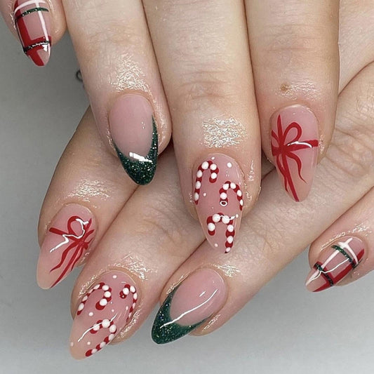 Christmas Press on Nails Medium Almond Fake Nails with Gift Design Green Glitter French Tips Glue on Nails Red Canes Stick on Nails Winter Xmas False Nails for Women Girls Holiday Manicure 24pcs