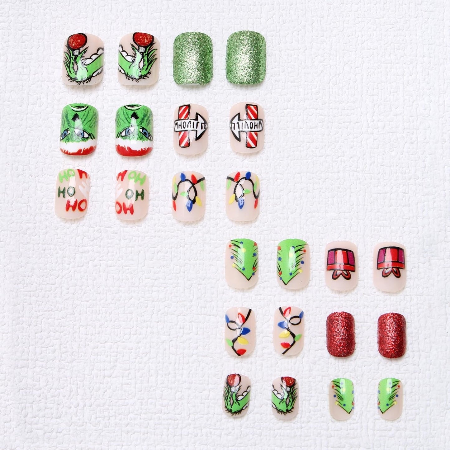 Christmas Fake Nails Short Square Petite Press on Nails Winter Xmas Acrylic Nails Full Cover False Nails with Green Monster Designs Cute Red Stick on Nails Gloss Artificial Nails for Women Manicure