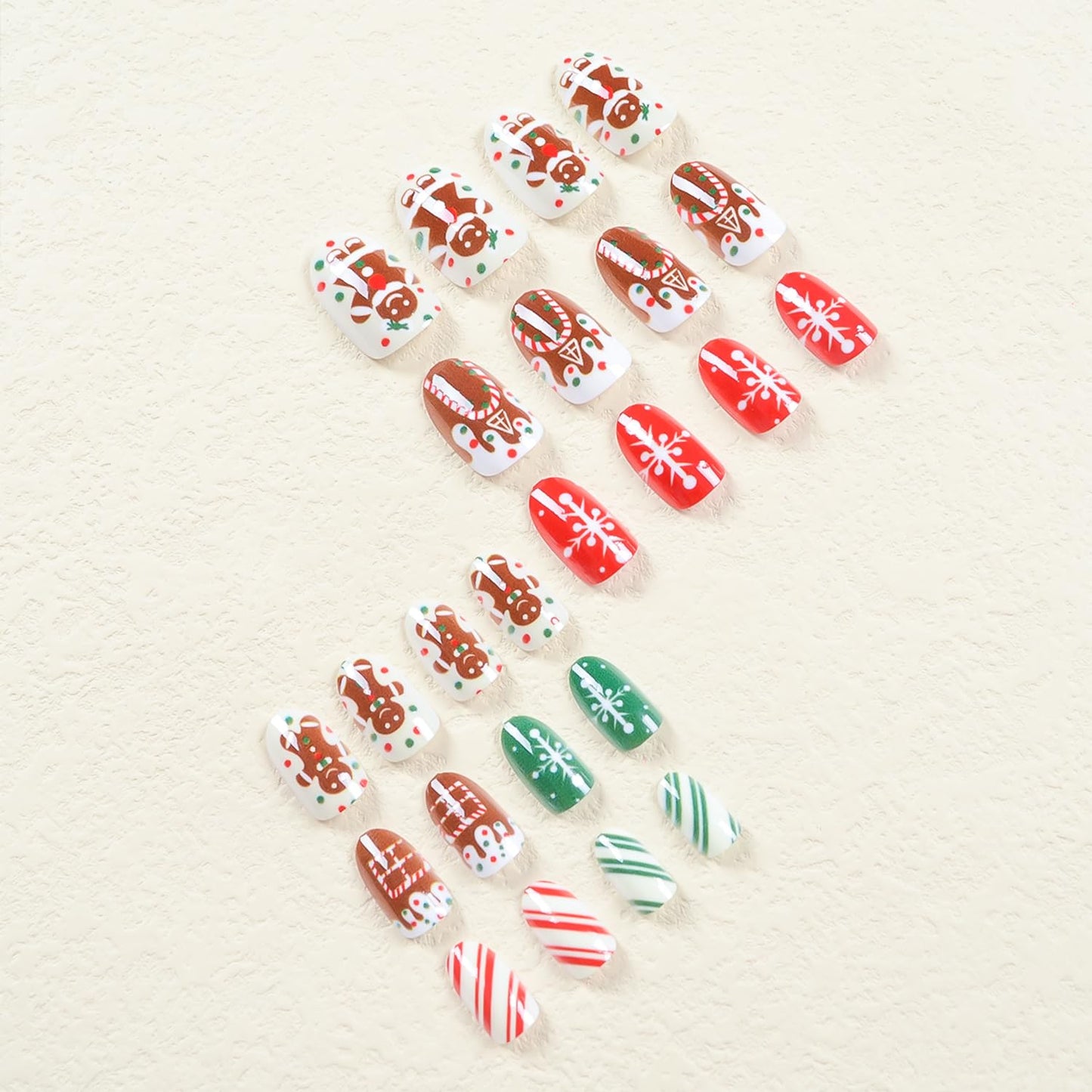 TULOBI Christmas Press on Nails Medium Coffin Fake Nails with Christmas Tree Designs Glitter Glue on Nails Xmas Design Green and Red Stripes Full Cover False Nails Artificial Acrylic Nails 24pcs