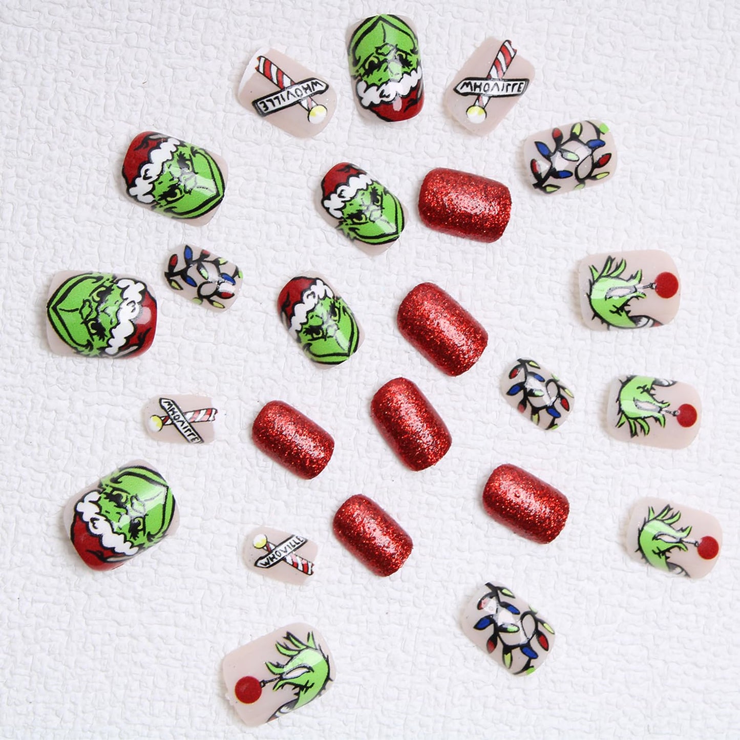 Christmas Fake Nails Short Square Petite Press on Nails Winter Xmas Acrylic Nails Full Cover False Nails with Green Monster Designs Cute Red Stick on Nails Gloss Artificial Nails for Women Manicure