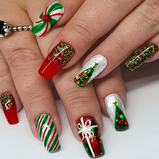 TULOBI Christmas Press on Nails Medium Coffin Fake Nails with Christmas Tree Designs Glitter Glue on Nails Xmas Design Green and Red Stripes Full Cover False Nails Artificial Acrylic Nails 24pcs