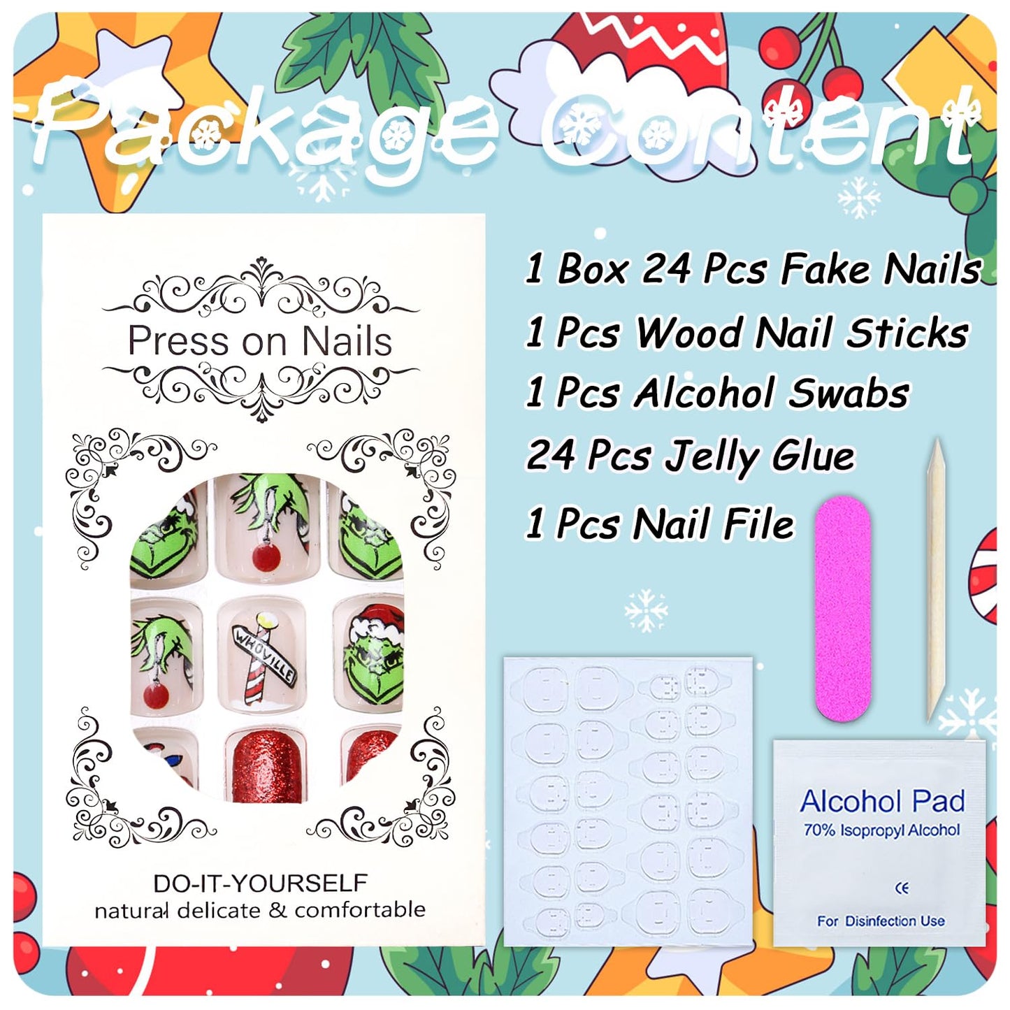 Christmas Fake Nails Short Square Petite Press on Nails Winter Xmas Acrylic Nails Full Cover False Nails with Green Monster Designs Cute Red Stick on Nails Gloss Artificial Nails for Women Manicure