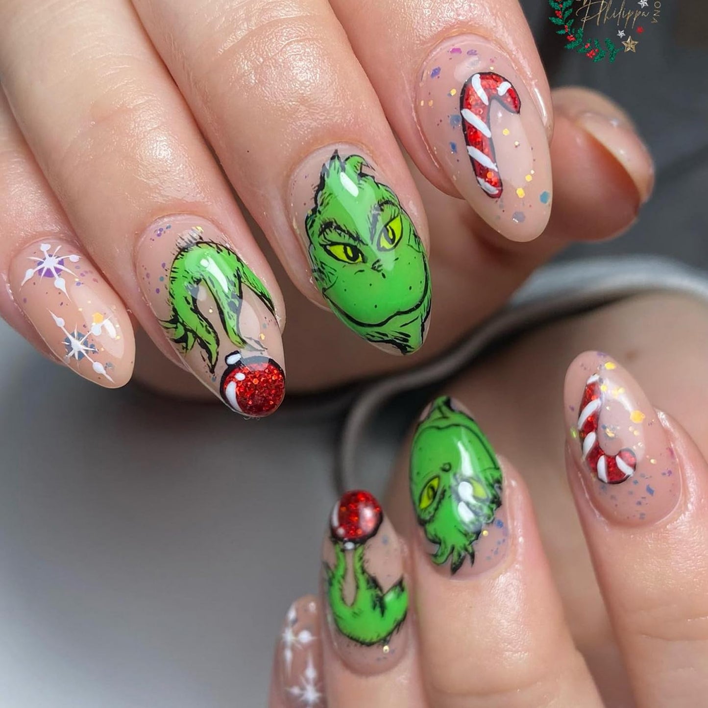 Christmas Fake Nails Short Square Petite Press on Nails Winter Xmas Acrylic Nails Full Cover False Nails with Green Monster Designs Cute Red Stick on Nails Gloss Artificial Nails for Women Manicure