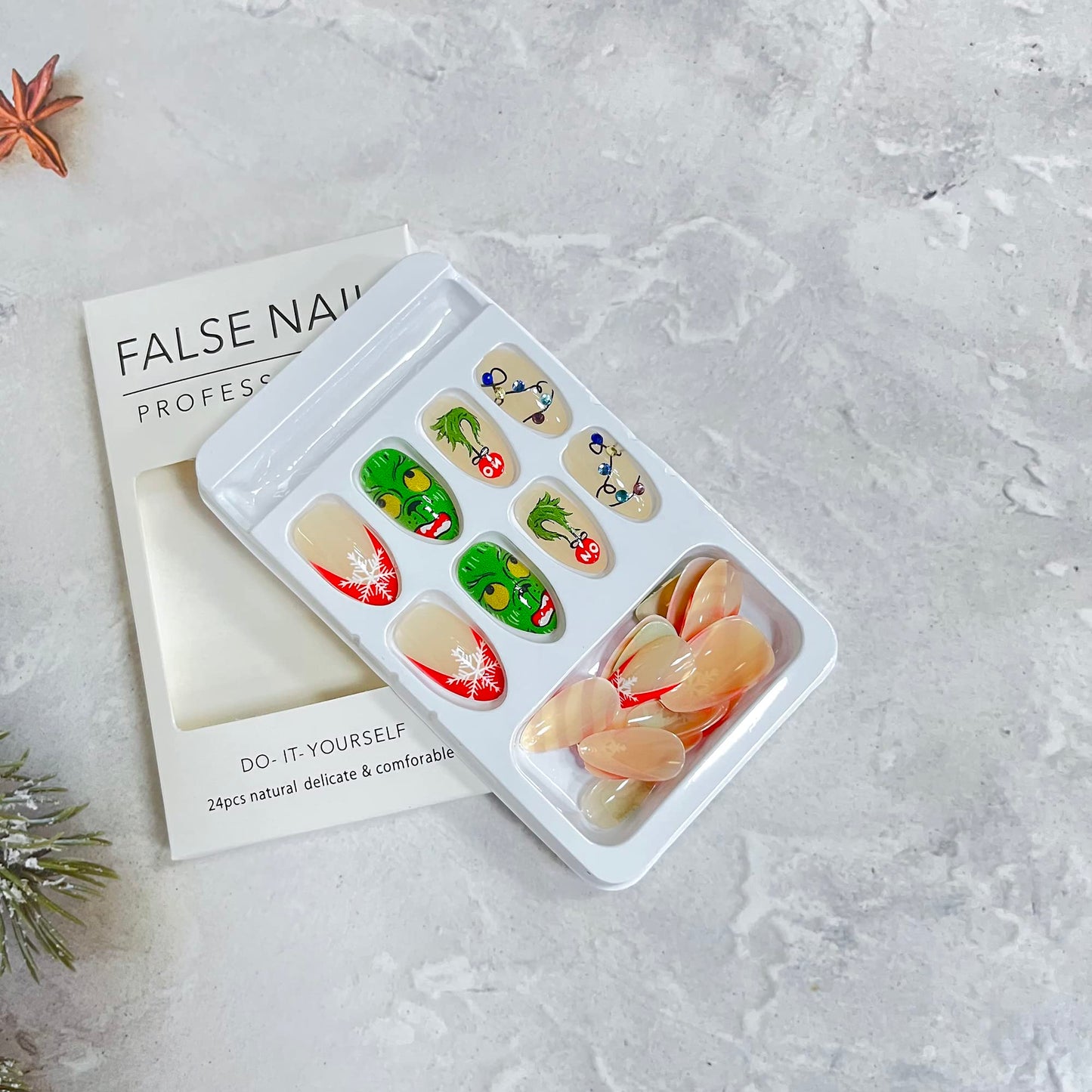 Christmas Fake Nails Short Square Petite Press on Nails Winter Xmas Acrylic Nails Full Cover False Nails with Green Monster Designs Cute Red Stick on Nails Gloss Artificial Nails for Women Manicure