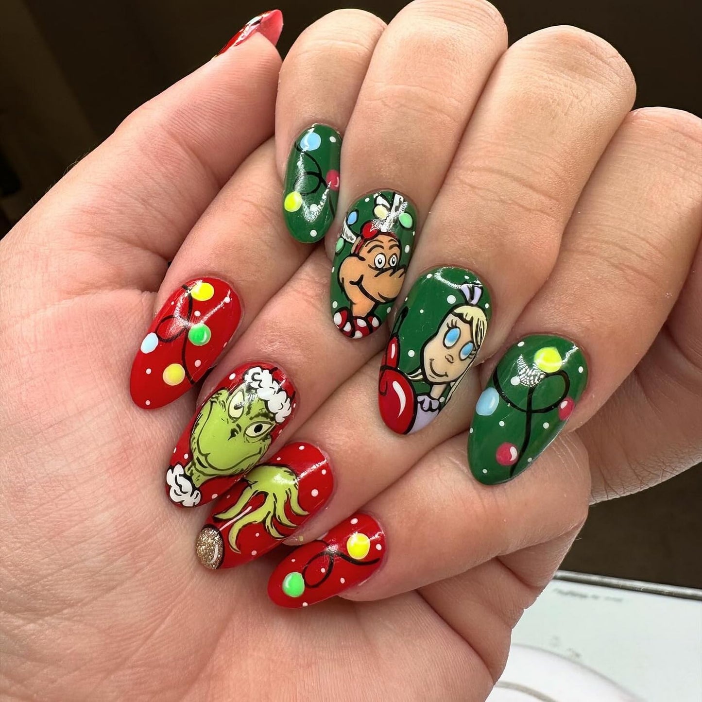 Christmas Fake Nails Short Square Petite Press on Nails Winter Xmas Acrylic Nails Full Cover False Nails with Green Monster Designs Cute Red Stick on Nails Gloss Artificial Nails for Women Manicure