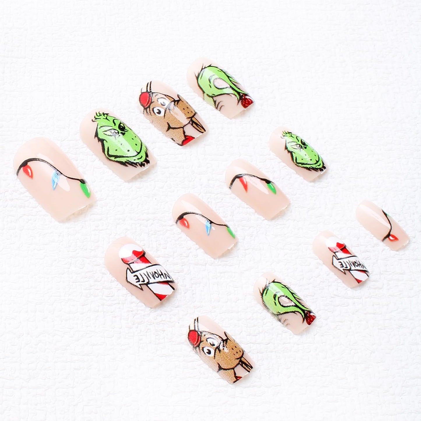 Christmas Fake Nails Short Square Petite Press on Nails Winter Xmas Acrylic Nails Full Cover False Nails with Green Monster Designs Cute Red Stick on Nails Gloss Artificial Nails for Women Manicure