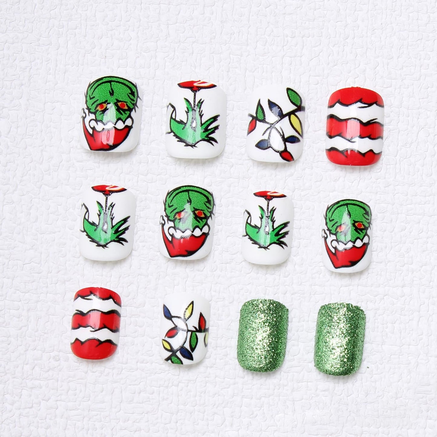 Christmas Fake Nails Short Square Petite Press on Nails Winter Xmas Acrylic Nails Full Cover False Nails with Green Monster Designs Cute Red Stick on Nails Gloss Artificial Nails for Women Manicure