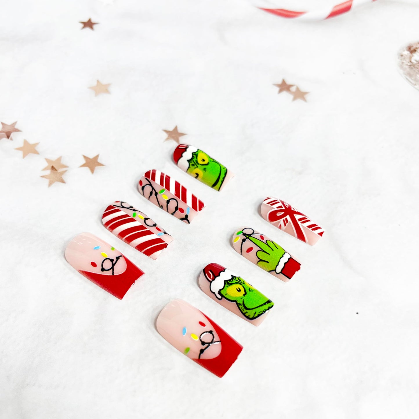 Christmas Fake Nails Short Square Petite Press on Nails Winter Xmas Acrylic Nails Full Cover False Nails with Green Monster Designs Cute Red Stick on Nails Gloss Artificial Nails for Women Manicure