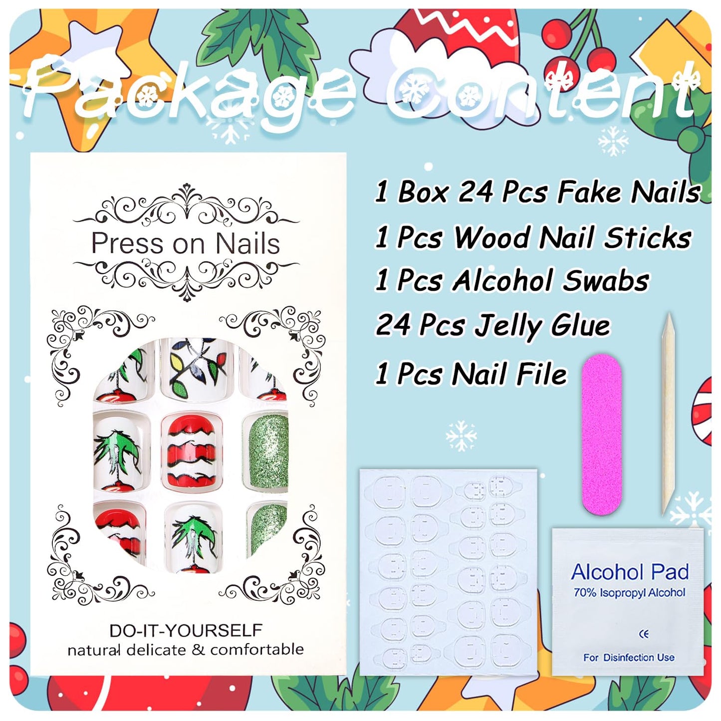 Christmas Fake Nails Short Square Petite Press on Nails Winter Xmas Acrylic Nails Full Cover False Nails with Green Monster Designs Cute Red Stick on Nails Gloss Artificial Nails for Women Manicure